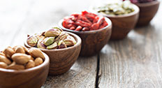 Bowls of dried fruit and nuts