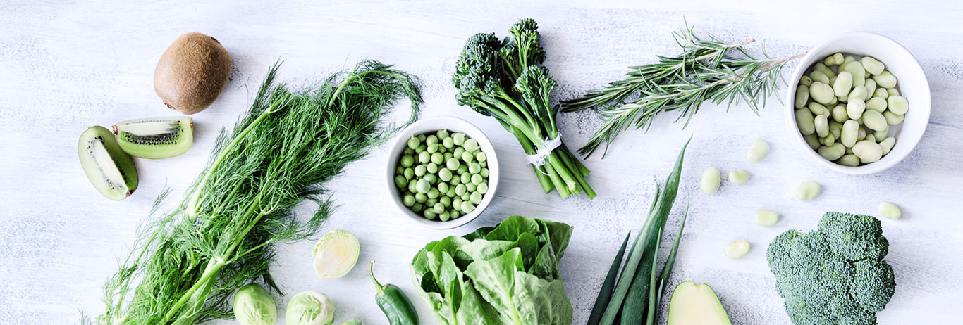 Green vegetables and fruits.